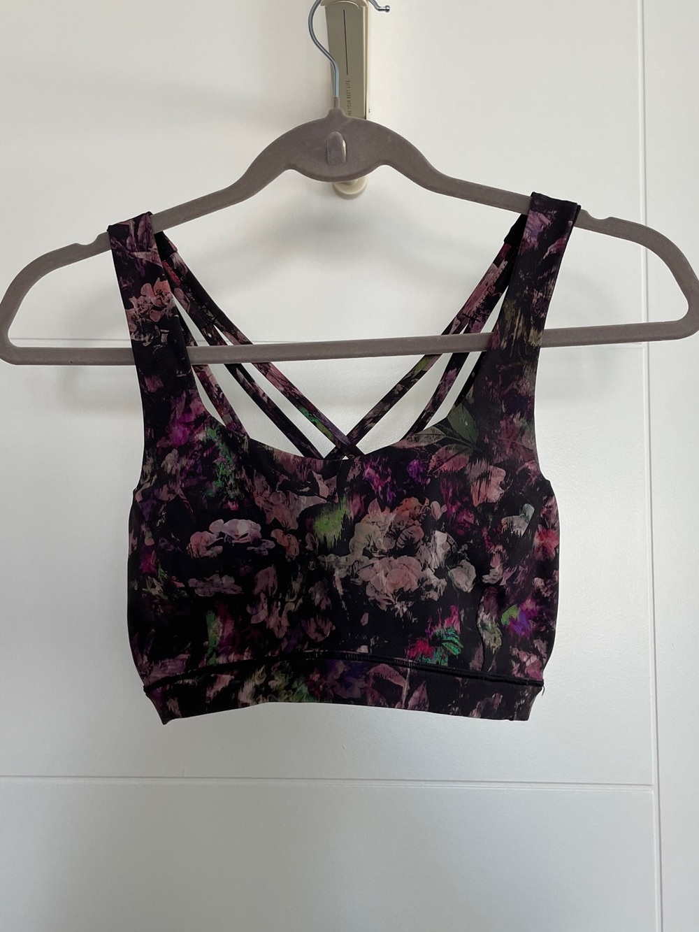 lululemon athletica Floral Strappy Sports Bra - Black with Purple & Pink Accents